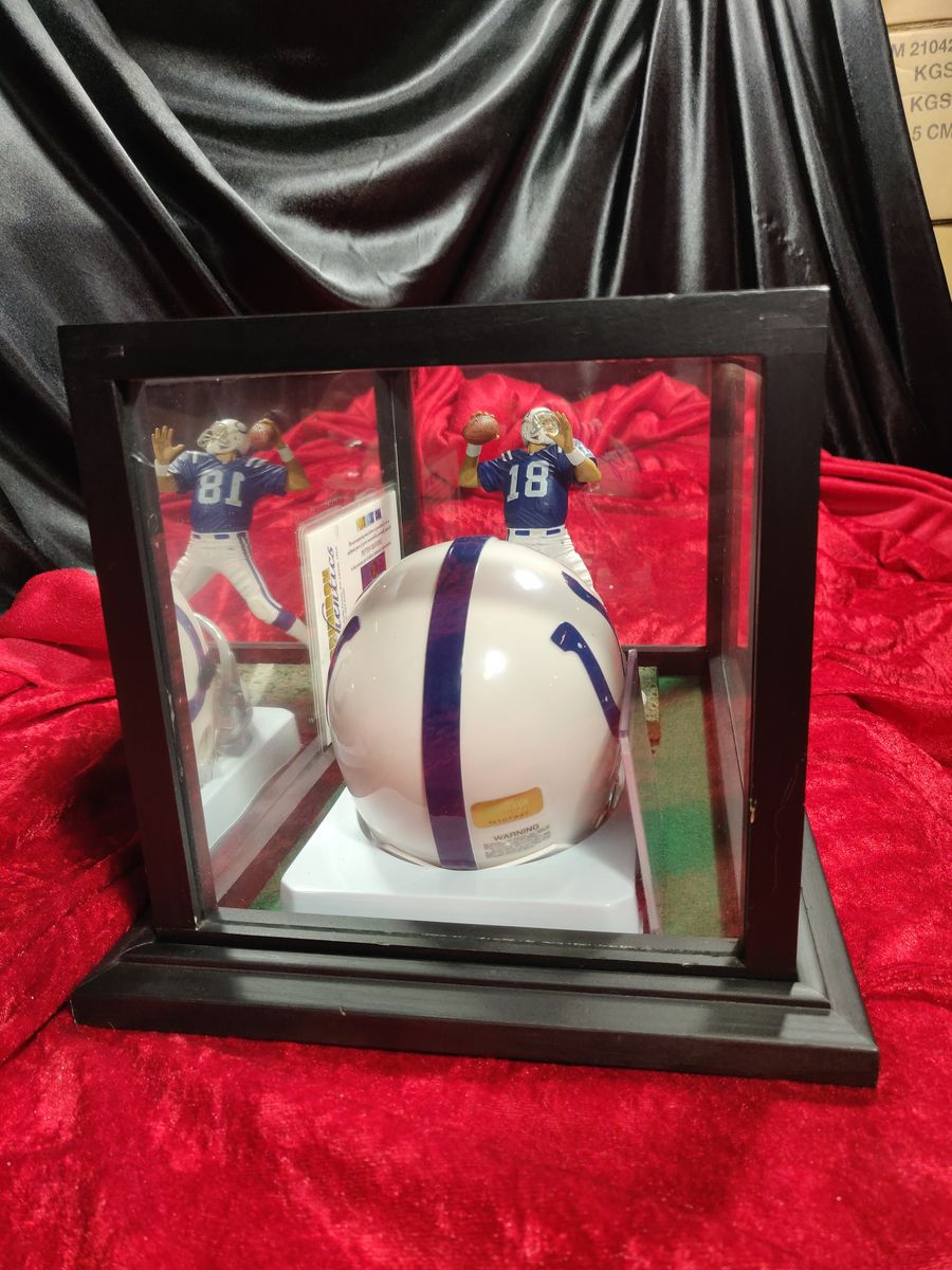 Peyton Manning Colts Autographed Mini Helmet Shadowbox w/ Jersey Card + Figure