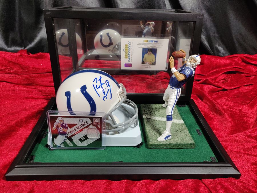 Peyton Manning Colts Autographed Mini Helmet Shadowbox w/ Jersey Card + Figure