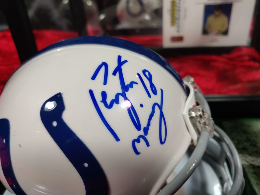 Peyton Manning Colts Autographed Mini Helmet Shadowbox w/ Jersey Card + Figure