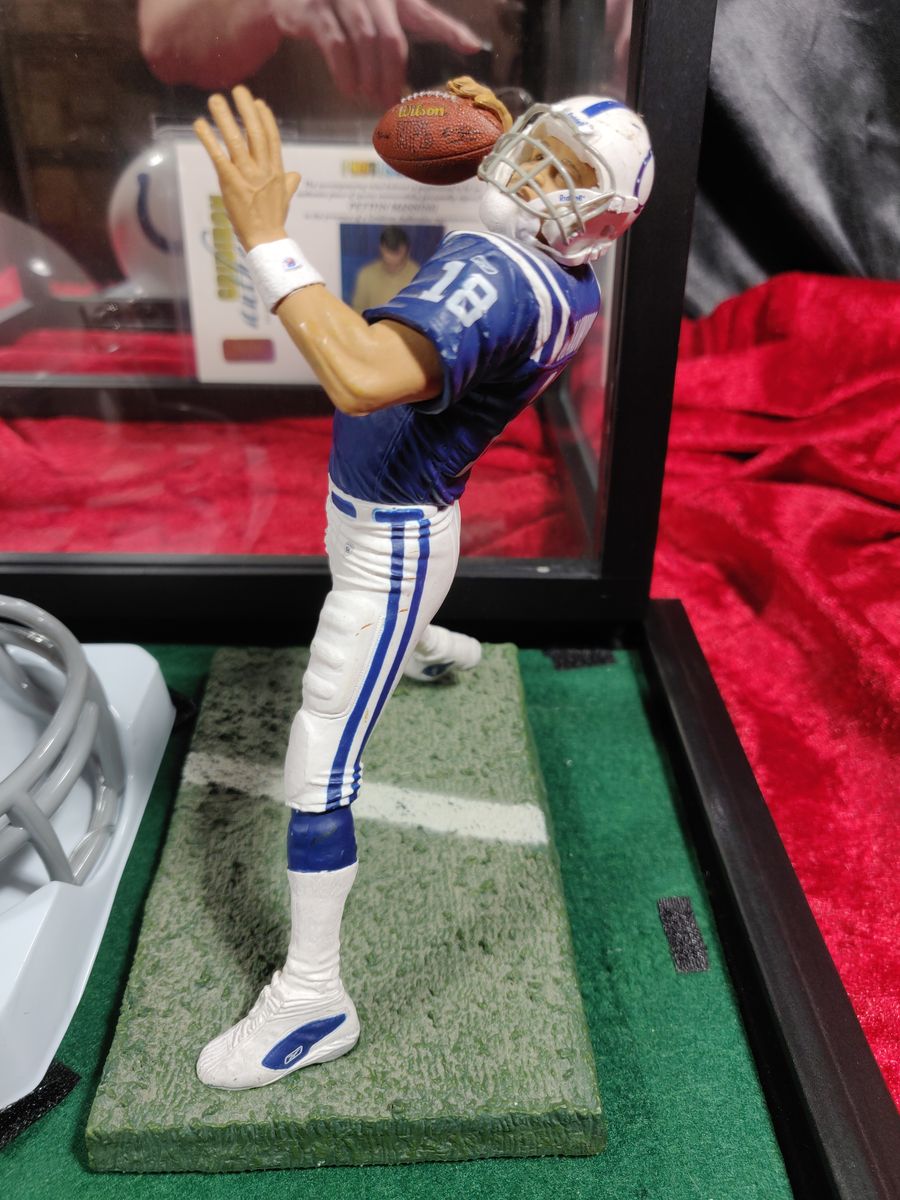 Peyton Manning Colts Autographed Mini Helmet Shadowbox w/ Jersey Card + Figure