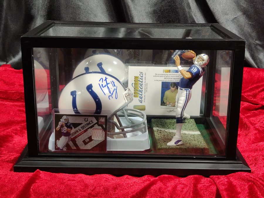 Peyton Manning Colts Autographed Mini Helmet Shadowbox w/ Jersey Card + Figure