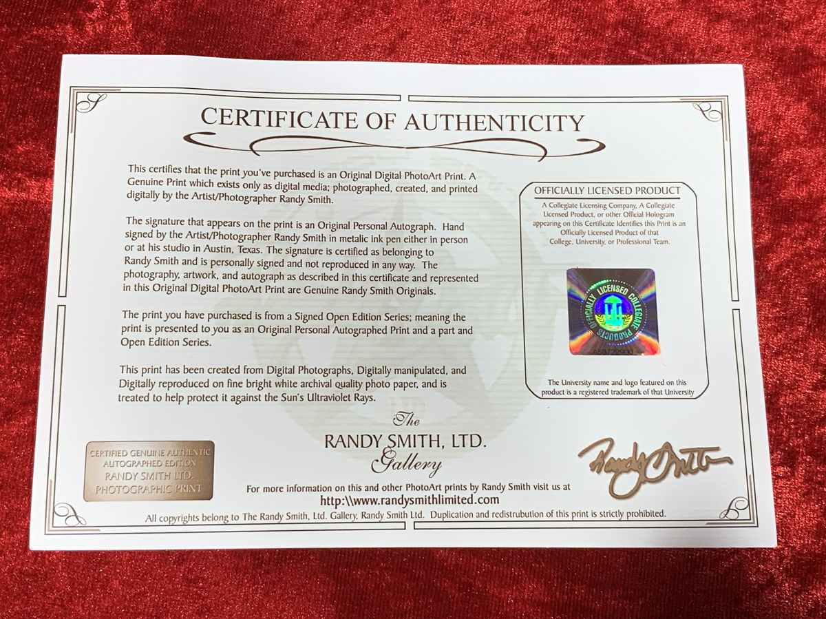 Randy Smith Autographed Framed and Certified Bevo Longhorns Photo