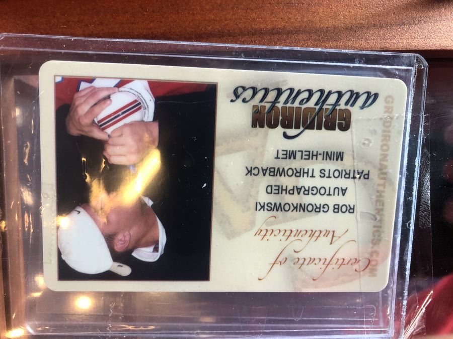 Rob Gronkowski Signed Patriots Mini Helmet Shadowbox – Card, Figure, & COA