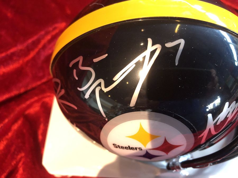 Roethlisberger, Bell, & Brown Steelers Signed Mini Helmet Shadowbox w/ Cards COA
