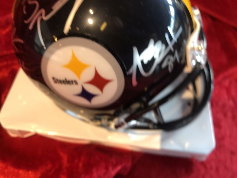 Roethlisberger, Bell, & Brown Steelers Signed Mini Helmet Shadowbox w/ Cards COA