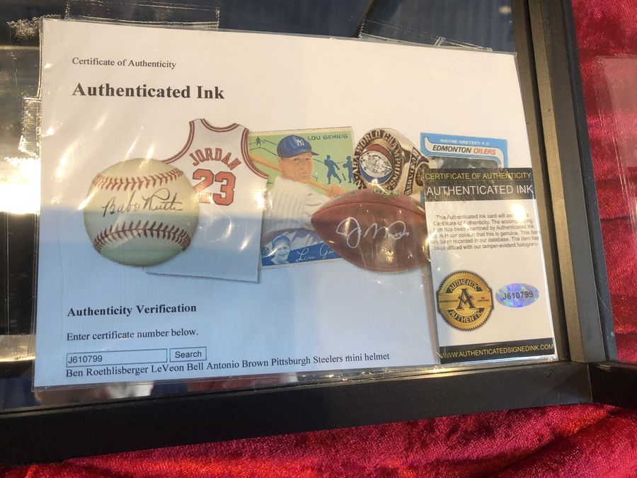 Roethlisberger, Bell, & Brown Steelers Signed Mini Helmet Shadowbox w/ Cards COA