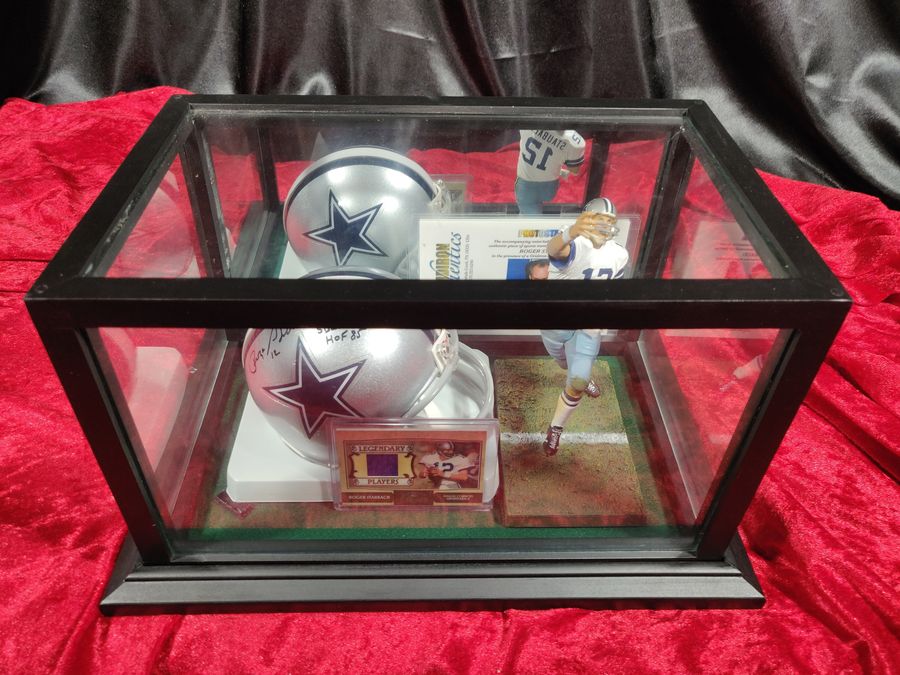 Roger Staubach Cowboys Autographed Mini Helmet Shadowbox w/ Jersey Card + Figure