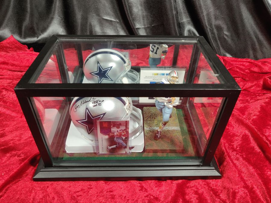 Roger Staubach Cowboys Autographed Mini Helmet Shadowbox w/ Jersey