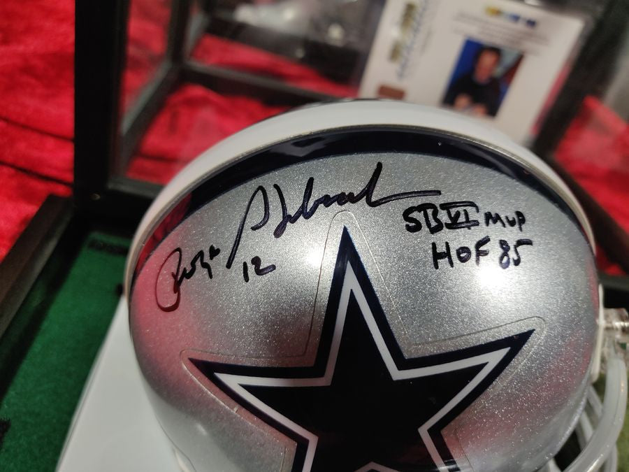 Roger Staubach Cowboys Autographed Mini Helmet Shadowbox w/ Jersey Card + Figure