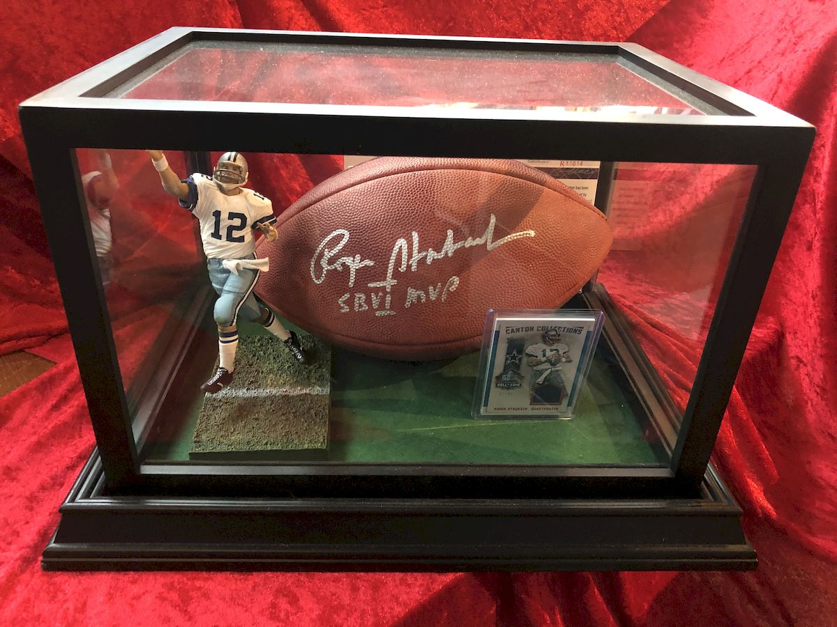 Roger Staubach Cowboys Signed Football w/ Figure & Jersey Card – JSA COA Shadowbox