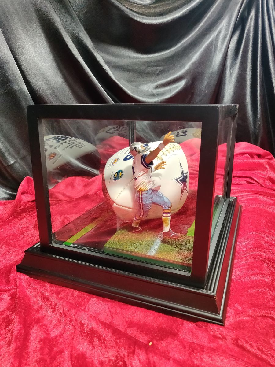 Roger Staubach Dallas Cowboys Autographed Football Shadowbox with Card + Figure