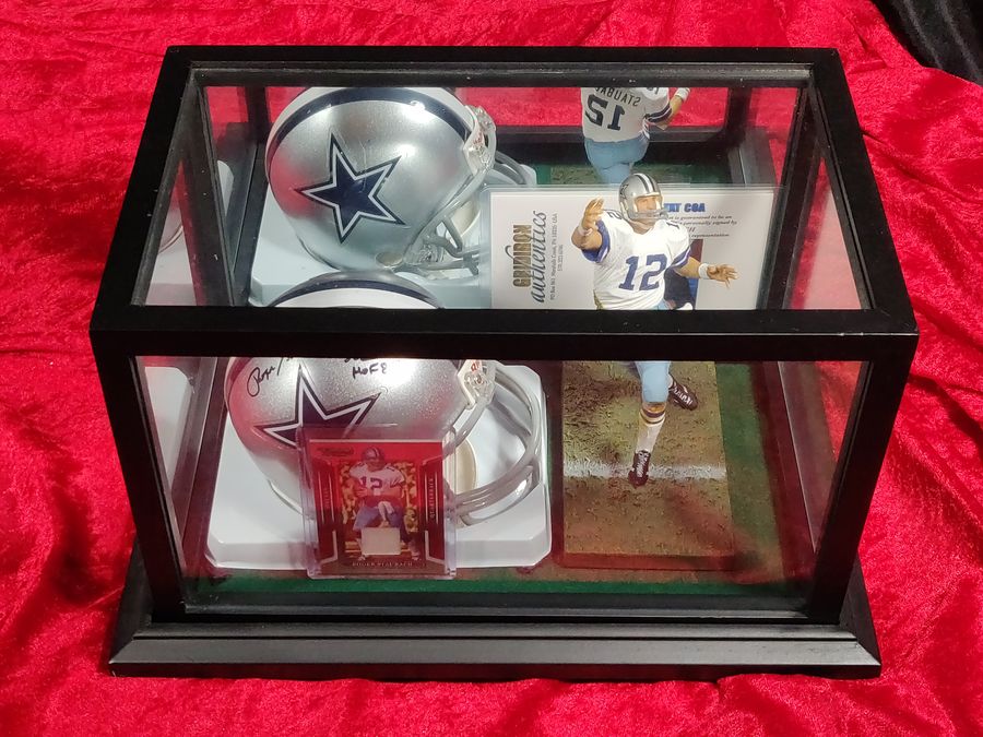 Roger Staubach Dallas Cowboys Autographed Mini Helmet SB M.V.P & H.O.F Shadowbox w/ Card + Figure