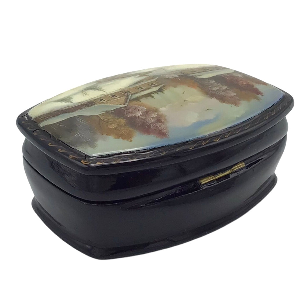 Russian Lacquered Papier-Mache Box Lid Depicting Log Cabins in Forest Landscape