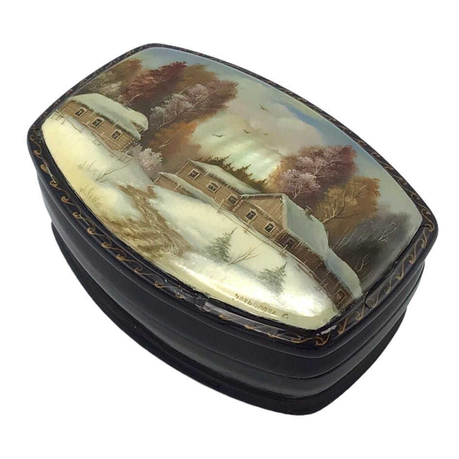 Russian Lacquered Papier-Mache Box Lid Depicting Log Cabins in Forest Landscape