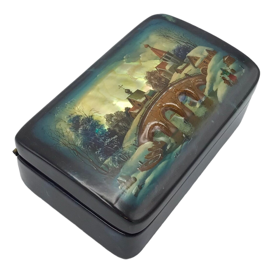 Russian Lacquered Papier-Mache Box with Lid with Painted Scenes Over Shell Inlay, Red Lacquered Interior Artist Signed