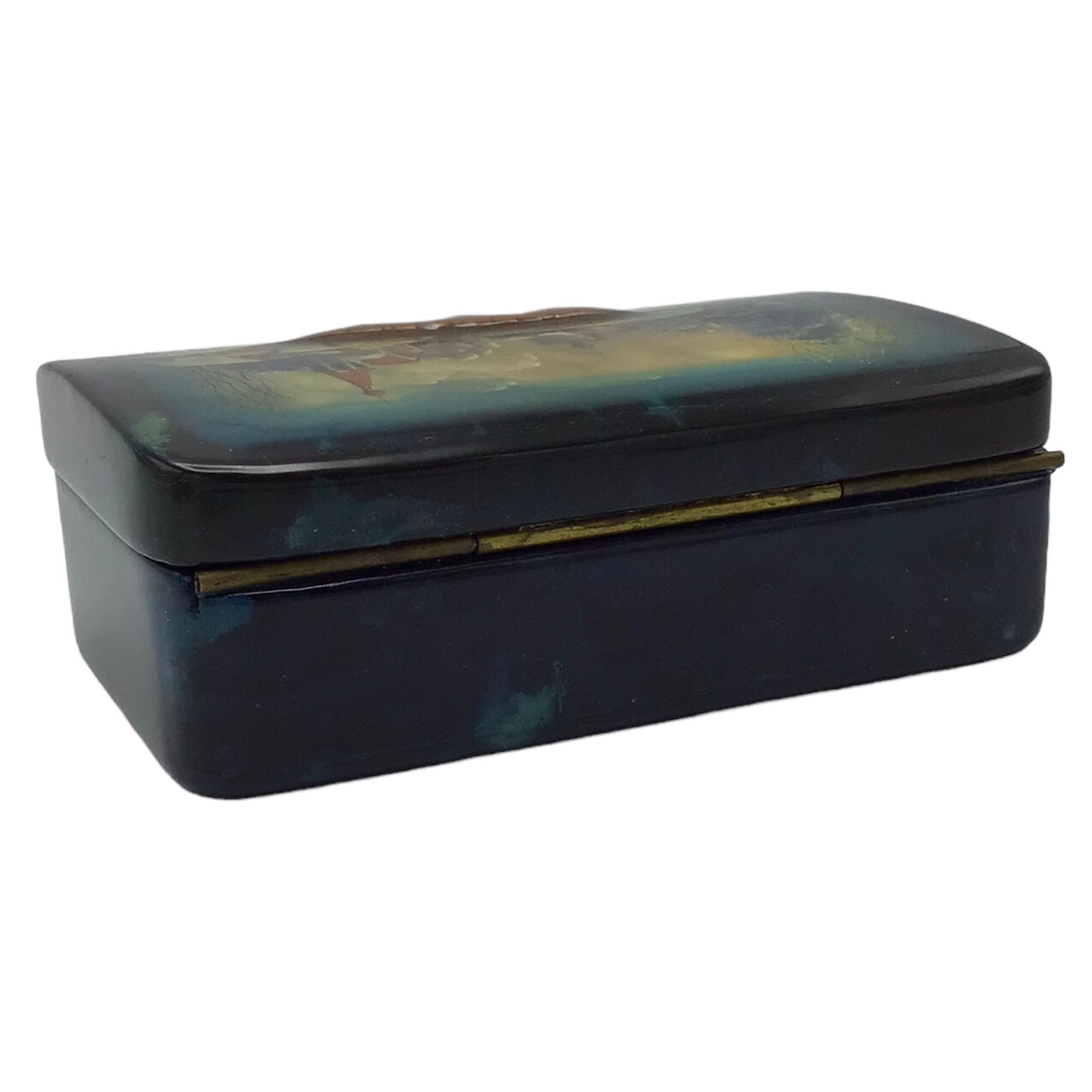 Russian Lacquered Papier-Mache Box with Lid with Painted Scenes Over Shell Inlay, Red Lacquered Interior Artist Signed