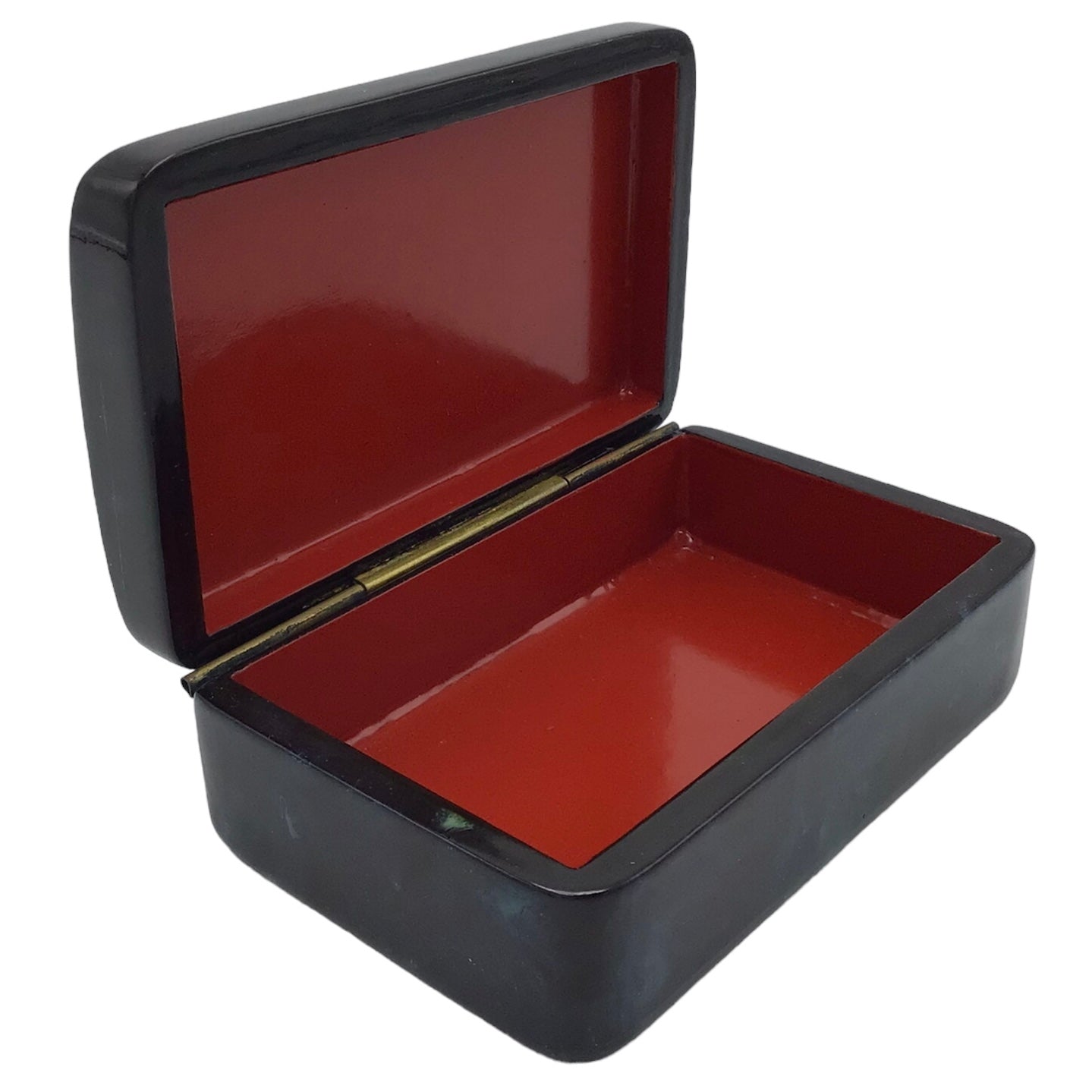 Russian Lacquered Papier-Mache Box with Lid with Painted Scenes Over Shell Inlay, Red Lacquered Interior Artist Signed