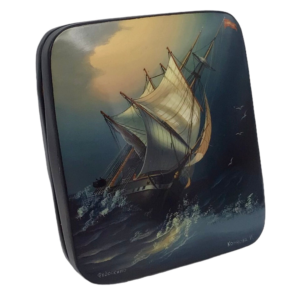 Russian Lacquered Papier-Mache Box with Lid with Painted Scenes Signed Konnova I Fedoskino