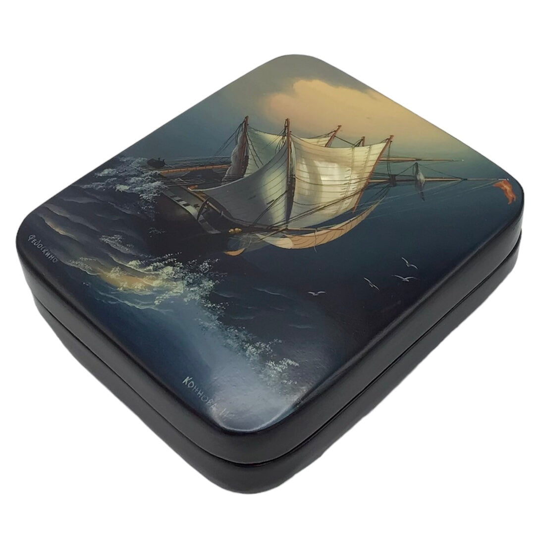 Russian Lacquered Papier-Mache Box with Lid with Painted Scenes Signed Konnova I Fedoskino