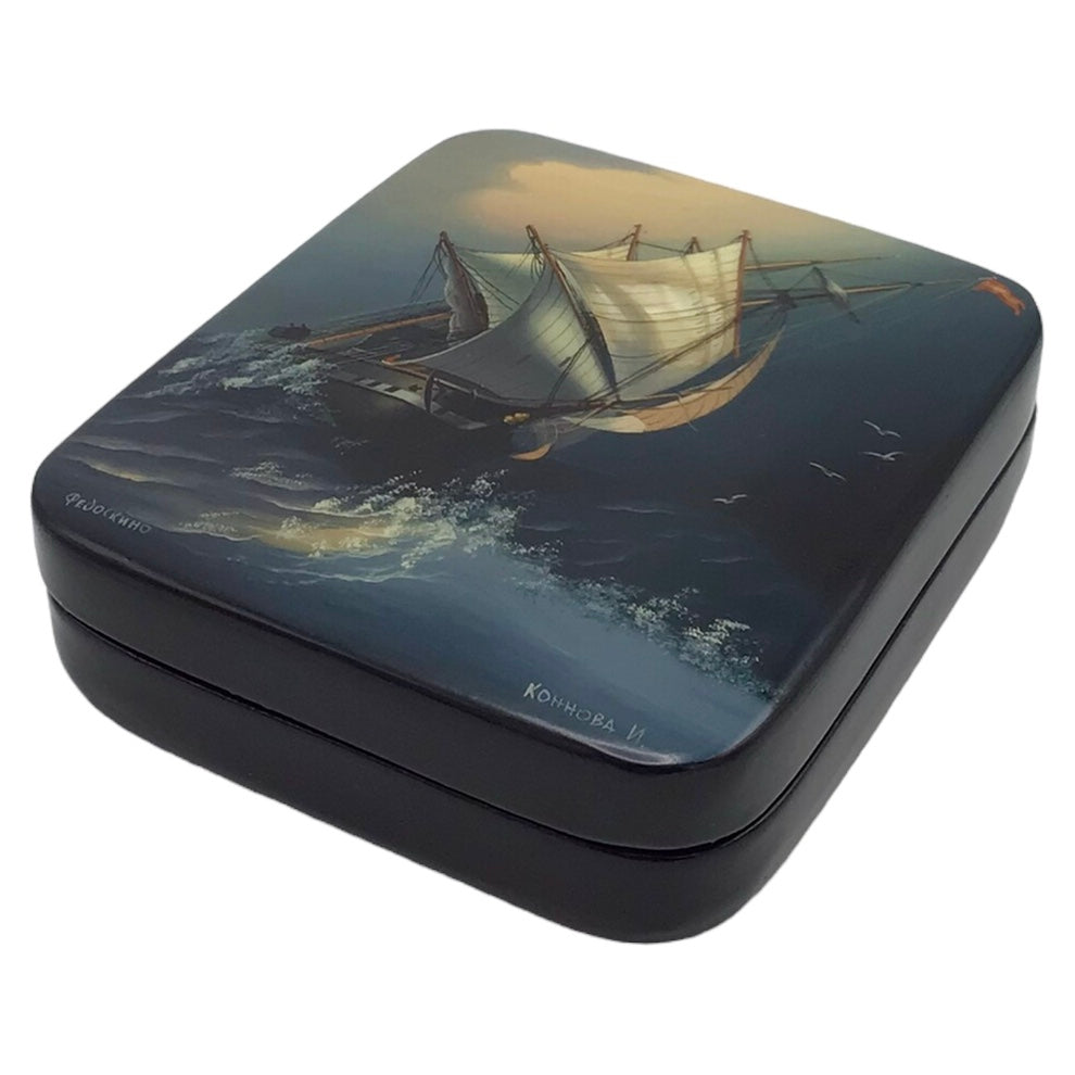 Russian Lacquered Papier-Mache Box with Lid with Painted Scenes Signed Konnova I Fedoskino