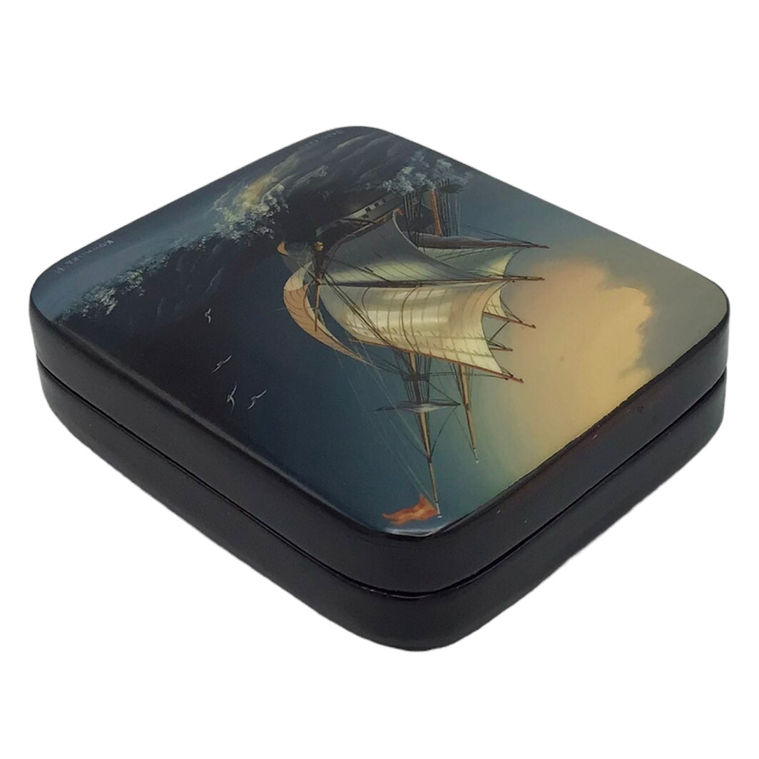 Russian Lacquered Papier-Mache Box with Lid with Painted Scenes Signed Konnova I Fedoskino