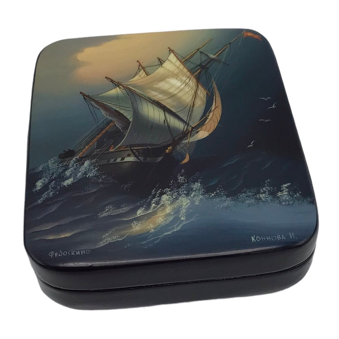 Russian Lacquered Papier-Mache Box with Lid with Painted Scenes Signed Konnova I Fedoskino