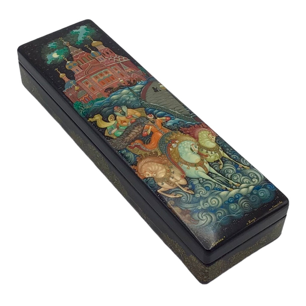 Russian Lacquered and Painted Papier-Mache Fairy Tale Box "Troika," Signed Lower Right Sobolev (Kholui, 20th c.)