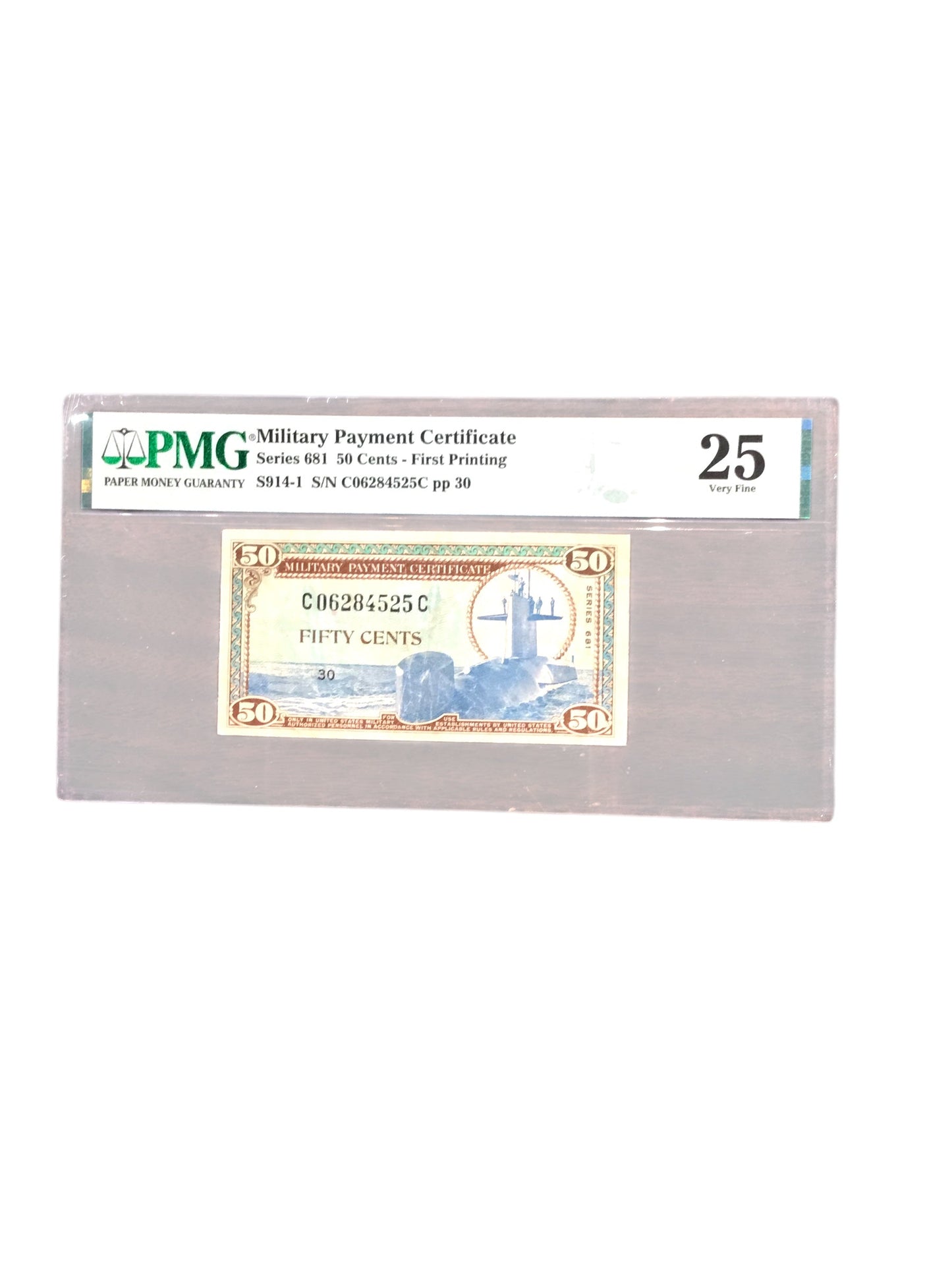 SERIES 681 FIFTY CENTS 1st MPC MILITARY PAYMENT CERTIFICATE 50¢ PMG 25 Very Fine