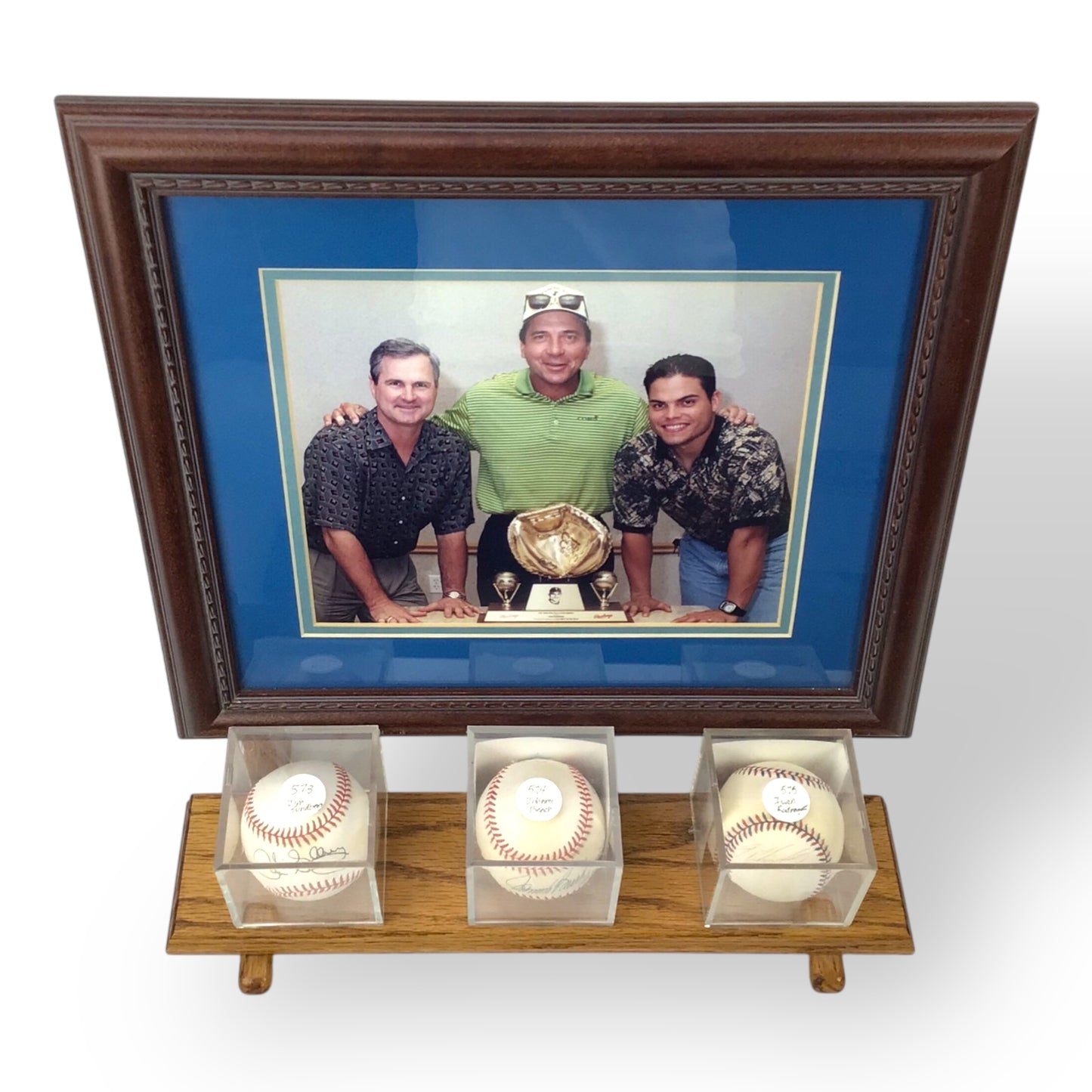 Signed Gold Glove Ball Set – Bench, Pudge, Sundberg – JSA, Framed