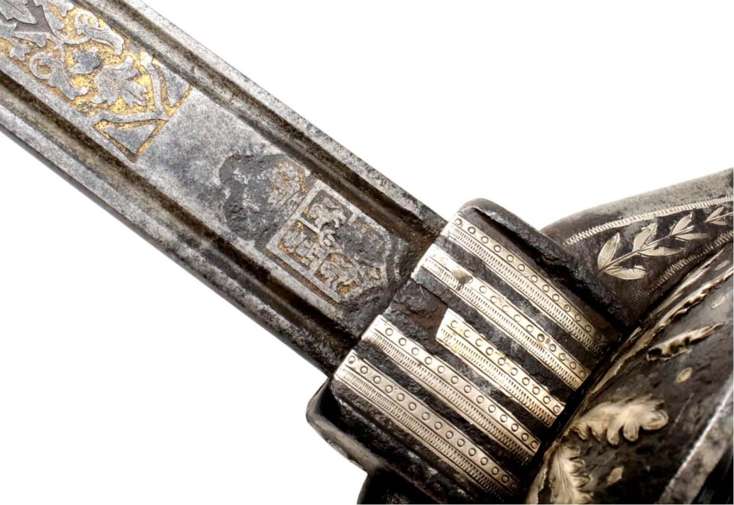 Spanish or Mexican 1880 Senior Officer's Sword with Ancestral 18th C. heavily silvered and gold overlaid Iron Hilt and Toledo Blade