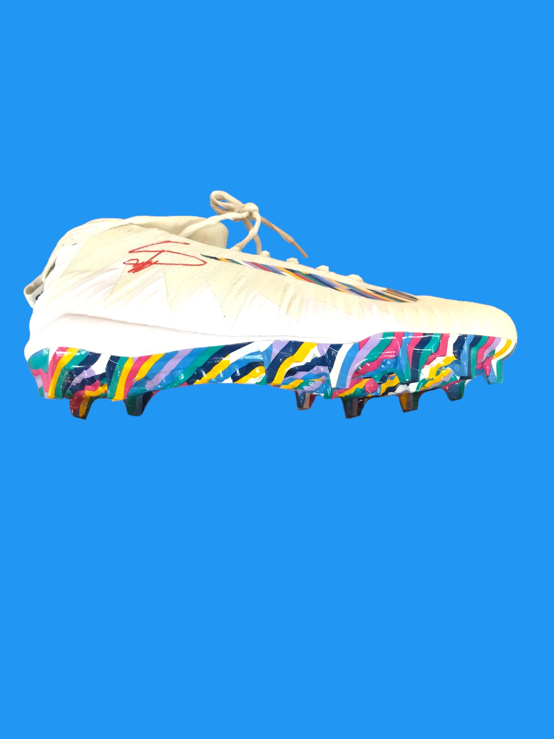 Stefon Diggs Autographe Memorabilia Crucial Catch NFL Cancer Awareness Multicolor Ribbon Cleat Shoe