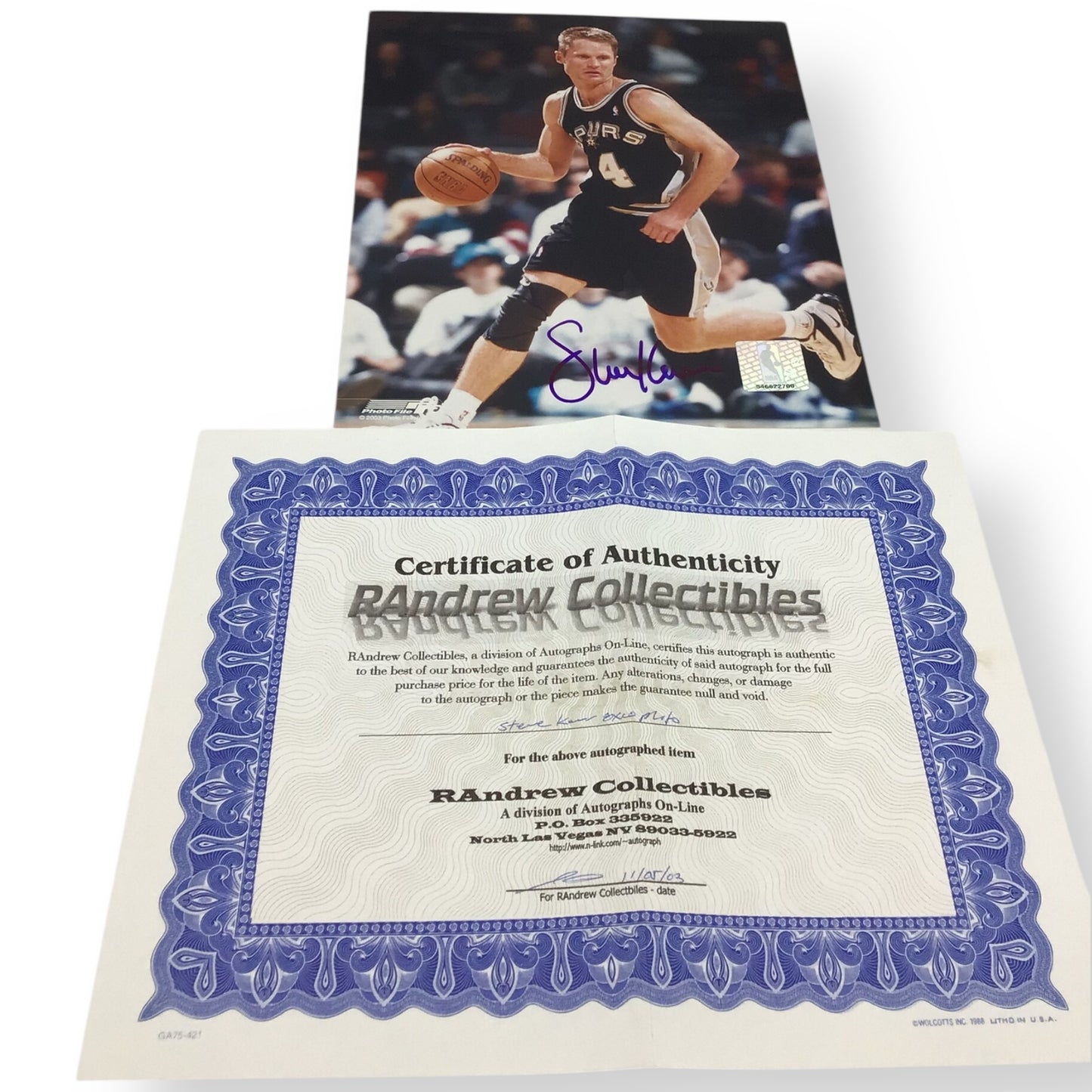 Steve Kerr Autographed 8x10 Photo – Spurs Action Shot w/ COA (2003)