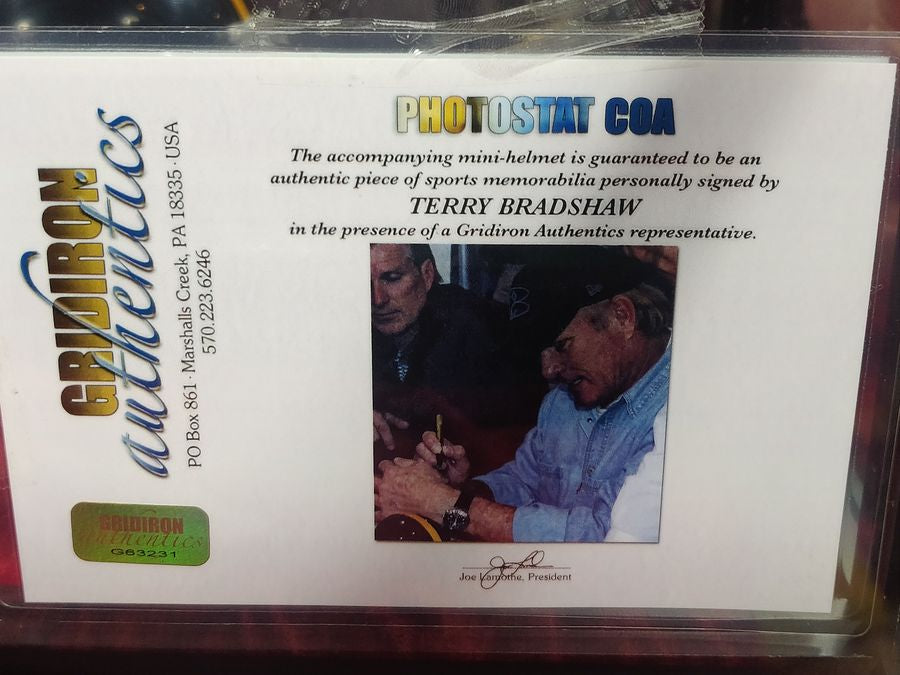 Terry Bradshaw Steelers Autograph Mini Helmet Shadowbox w/ Jersey Card + Figure