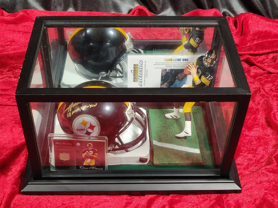 Terry Bradshaw Steelers Autograph Mini Helmet Shadowbox w/ Jersey Card + Figure