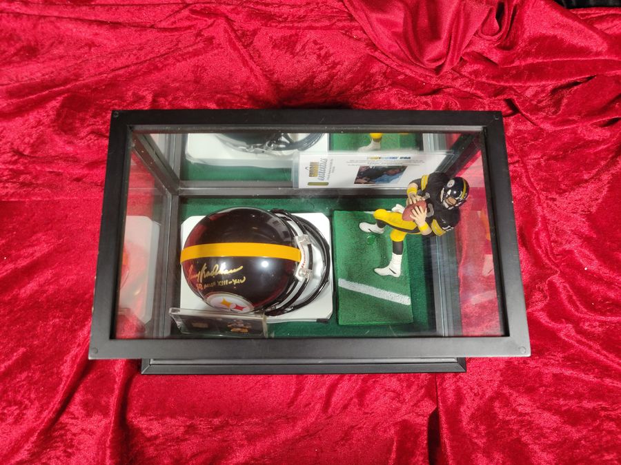 Terry Bradshaw Steelers Autograph Mini Helmet Shadowbox w/ Jersey Card + Figure