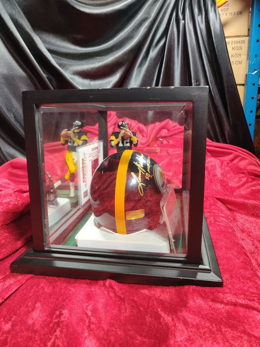 Terry Bradshaw Steelers Autograph Mini Helmet Shadowbox w/ Jersey Card + Figure
