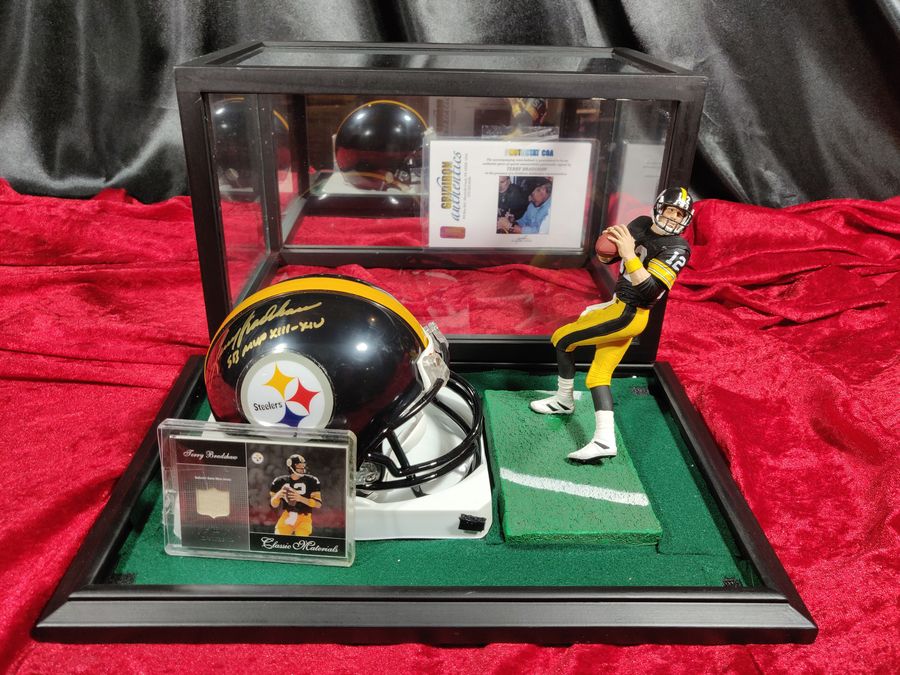 Terry Bradshaw Steelers Autograph Mini Helmet Shadowbox w/ Jersey Card + Figure