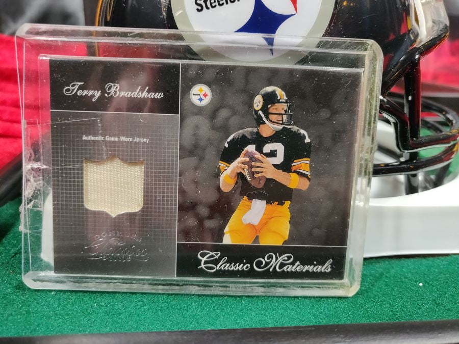 Terry Bradshaw Steelers Autograph Mini Helmet Shadowbox w/ Jersey Card + Figure