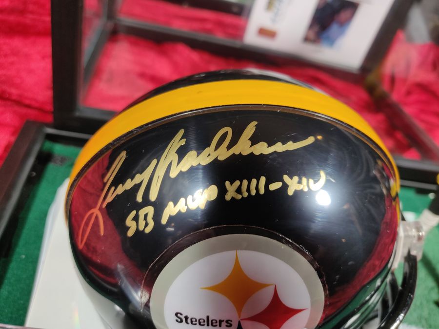Terry Bradshaw Steelers Autograph Mini Helmet Shadowbox w/ Jersey Card + Figure