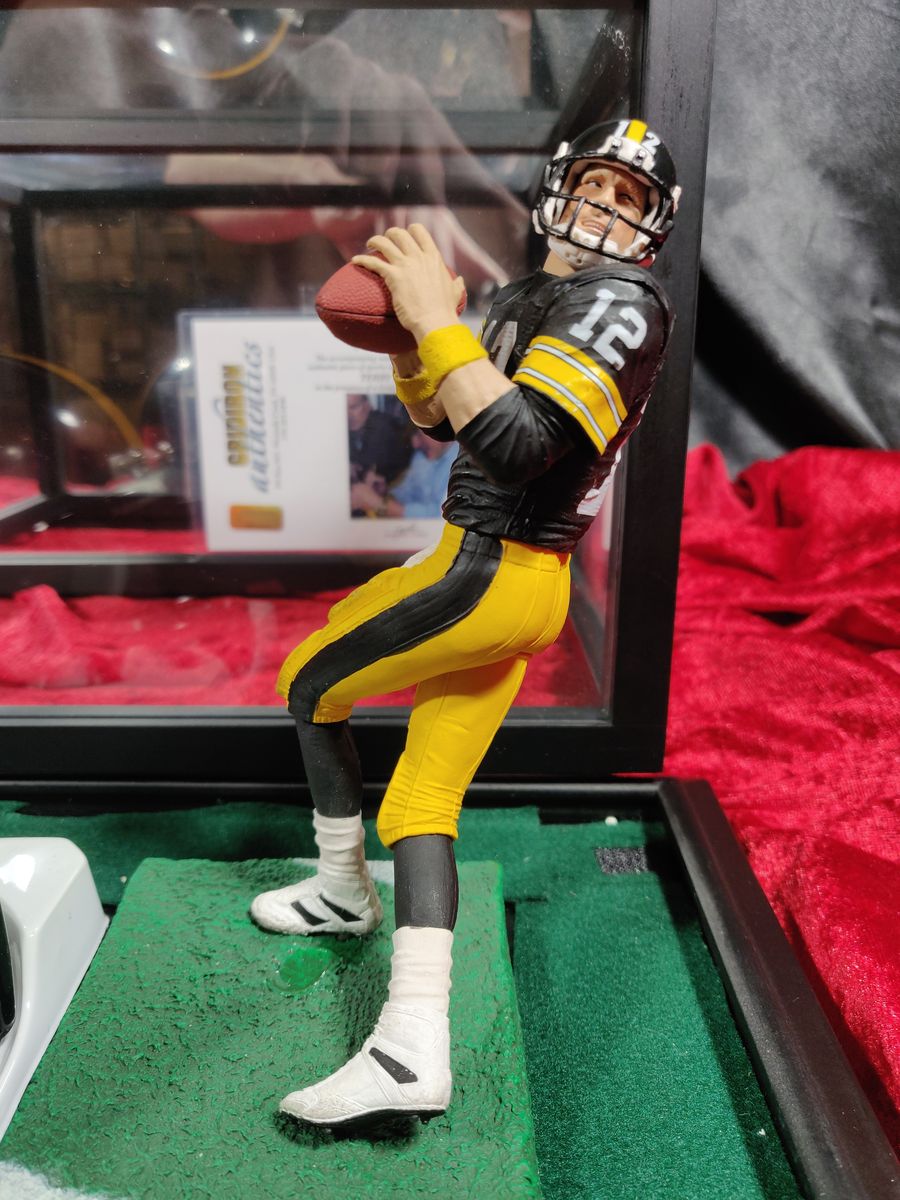 Terry Bradshaw Steelers Autograph Mini Helmet Shadowbox w/ Jersey Card + Figure