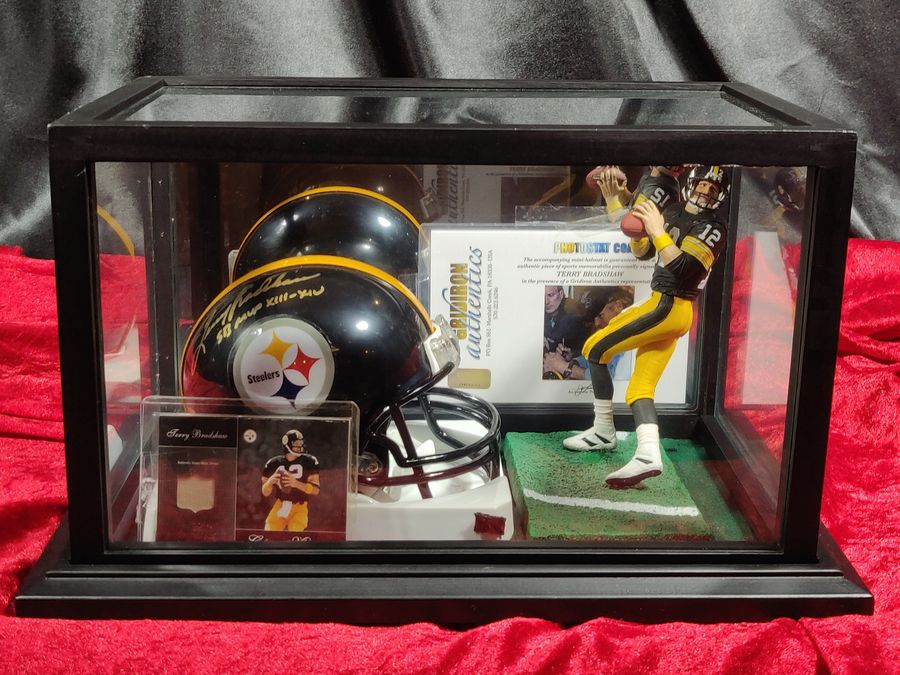 Terry Bradshaw Steelers Autograph Mini Helmet Shadowbox w/ Jersey Card + Figure