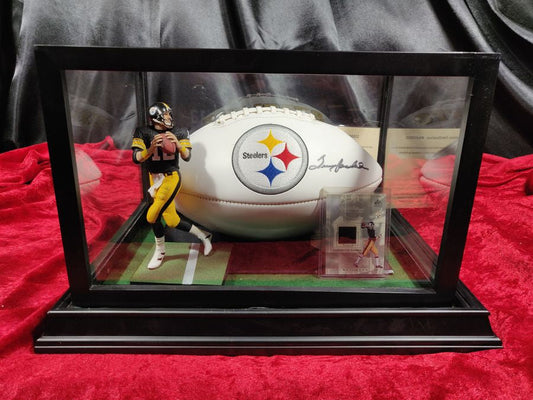 Terry Bradshaw Steelers Autographed Football Shadowbox with Card and Figure