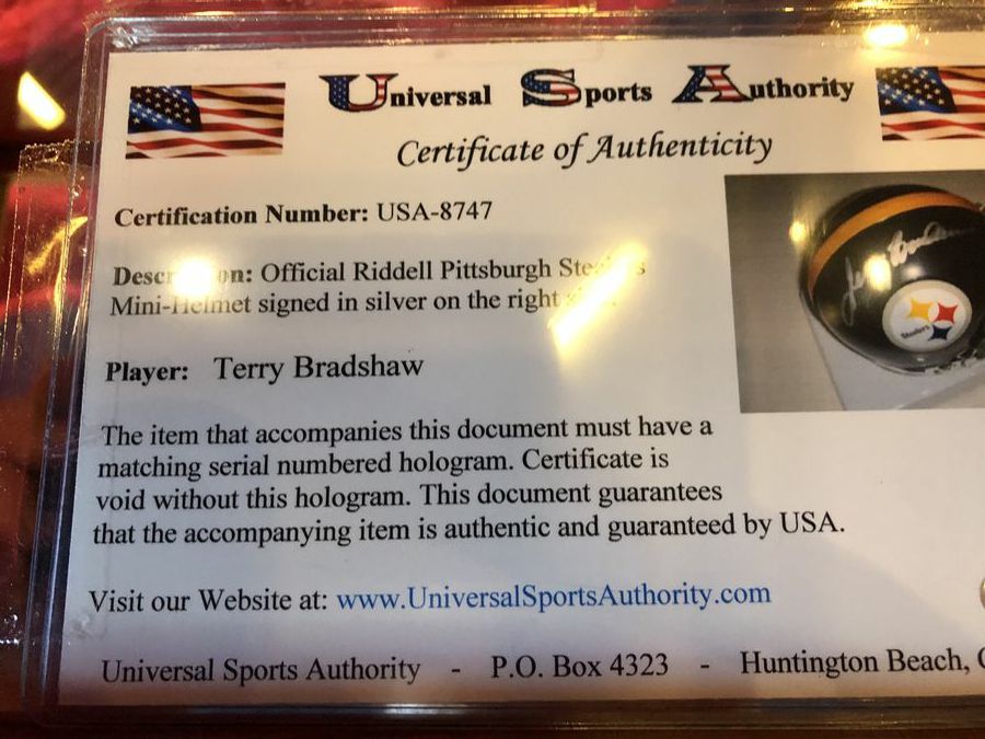 Terry Bradshaw Steelers Signed Mini Helmet Shadowbox w/ GU Card & Figure COA