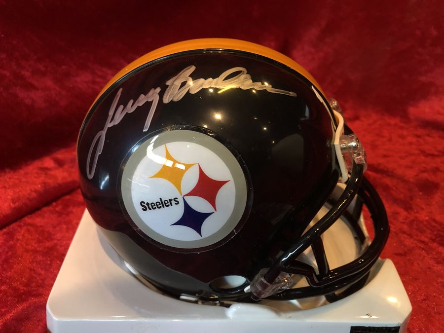Terry Bradshaw Steelers Signed Mini Helmet Shadowbox w/ GU Card & Figure COA