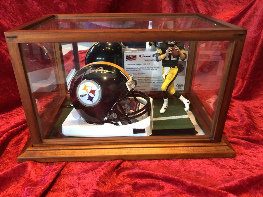 Terry Bradshaw Steelers Signed Mini Helmet Shadowbox w/ GU Card & Figure COA