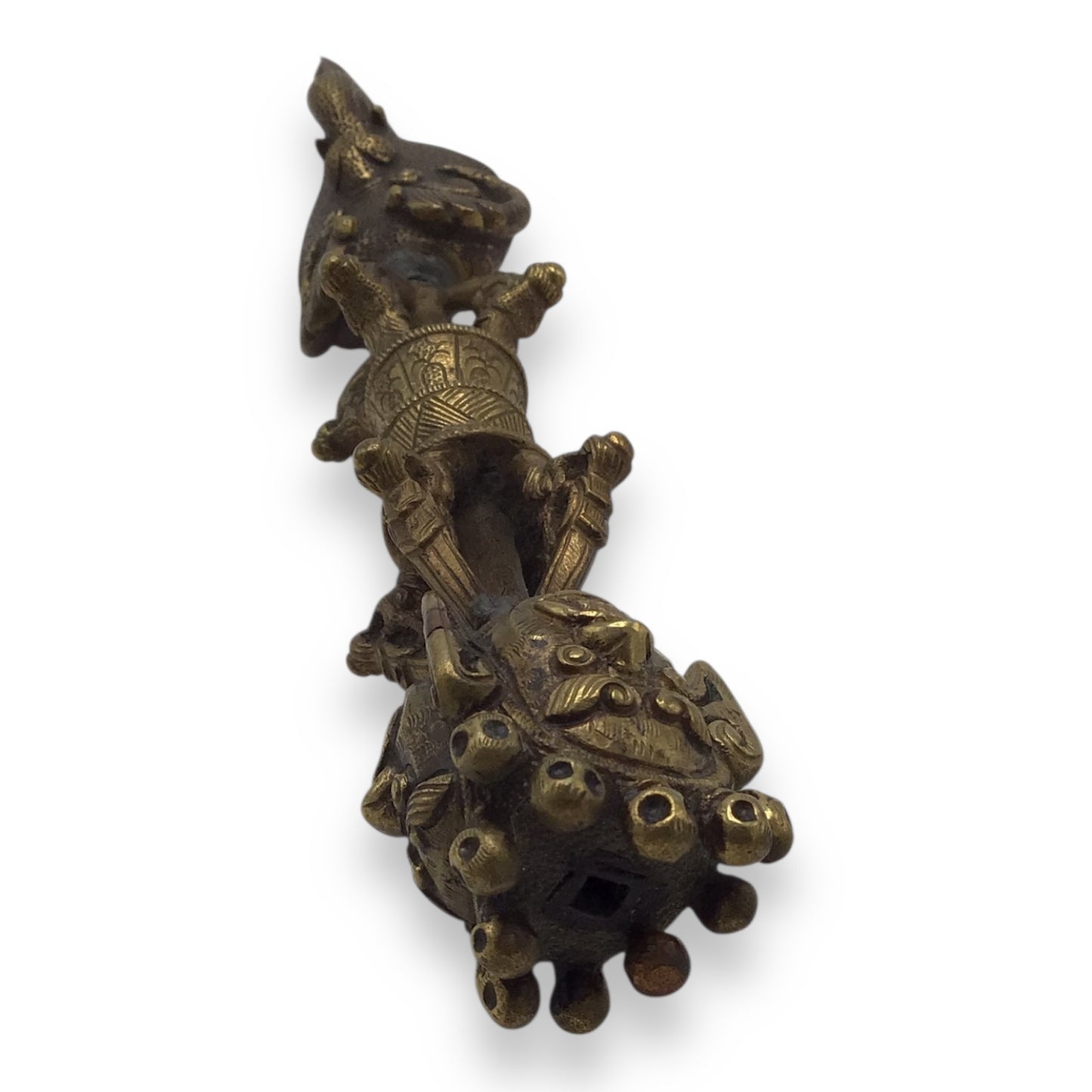 Tibetan Brass Phurba Ritual Dagger with Dharmapala Deities – Triple-Blade Vajra Form