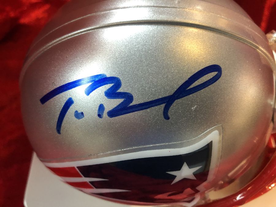 Tom Brady Patriots Signed Mini Helmet Shadowbox w/ Card & Figure COA Mounted
