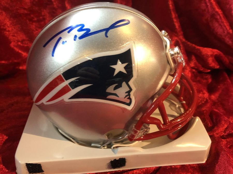 Tom Brady Patriots Signed Mini Helmet Shadowbox w/ Card & Figure COA Mounted