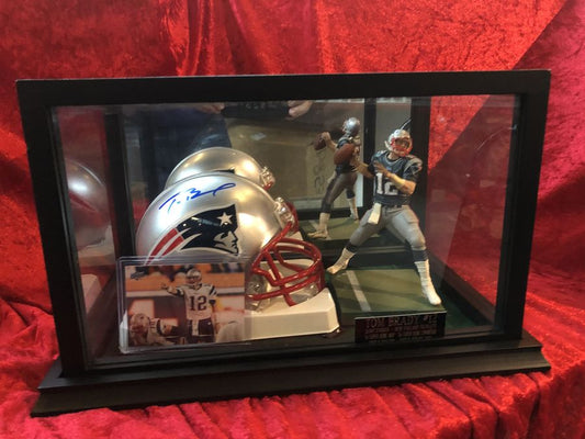 Tom Brady Patriots Signed Mini Helmet Shadowbox w/ Card & Figure COA Mounted