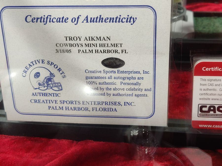 Troy Aikman Cowboys Autographed Mini Helmet Shadowbox w/ Rookie Card + Figure